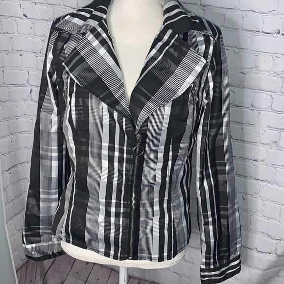 Black Rivet - Black and White Plaid Zipper Jacket - L - Picture 1 of 6